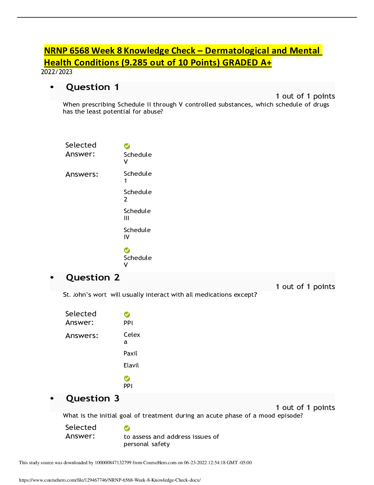 Preview of NRNP 6568 Week 8 Knowledge Check – Dermatological and Mental Health Conditions (9.285 out